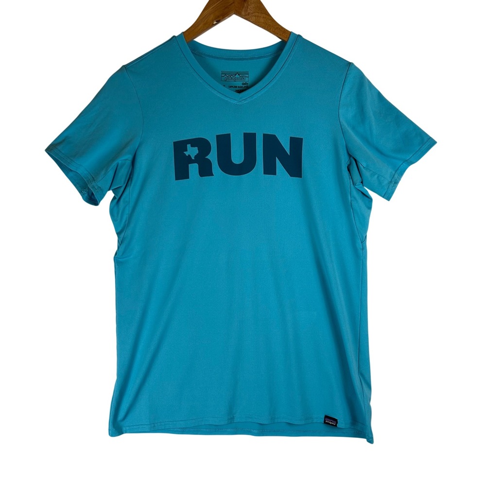 Patagonia Women Capilene Daily RUN Texas Graphic V-Neck Blue Shirt M